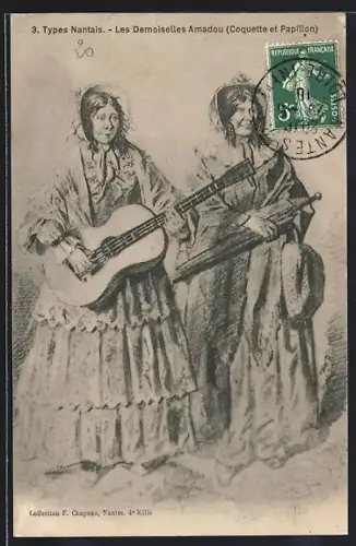 Künstler-AK Nantes, Types Nantais, Les Demoiselles Amadou, Coquette et Papillon
