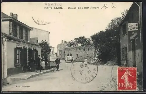 AK Portillon, Route de Saint-Fiacre avec café et passants