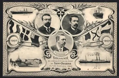 AK Saint-Nazaire, Souvenir de l`inauguration du port 1907, avec portraits et navires