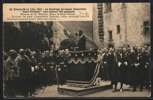 AK Nantes, Discours du maire sur le naufrage du vapeur Saint-Philibert avec 500 passagers