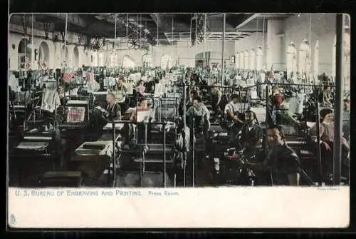 AK Washington, Druckerei für Geldscheine u. Briefmarken, Innenansicht, US Bureau of engraving an printing, press room