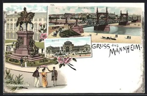 Lithographie Mannheim, Bahnhof, Neue Neckarbrücke, Kaiser Wilhelm I.-Denkmal