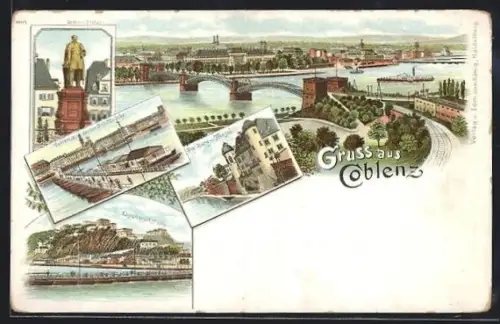 Lithographie Coblenz, Teilansicht von der Schiffbrücke aus, Burg und Mosel, Ehrenbreitstein