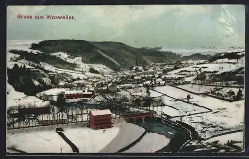 AK Waxweiler, Teilansicht mit Kirche im Schnee