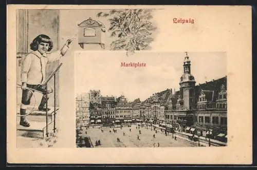AK Leipzig, Blick auf Marktplatz, Kind wirft Brief ein