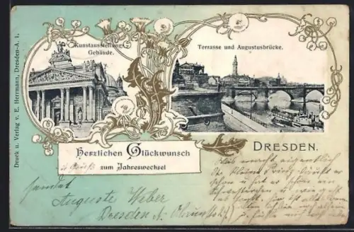 Lithographie Dresden, Kunstausstellungs-Gebäude, Terrasse und Augustusbrücke, Passepartout
