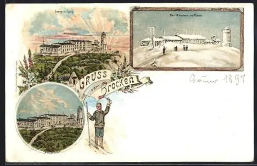 Lithographie Brocken, Mondlandschaft, Sonnenaufgang, Der Brocken im Winter