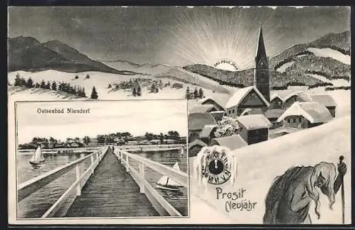AK Niendorf / Ostsee, Seebrücke, Dorfpartie im Winter, Prosit Neujahr