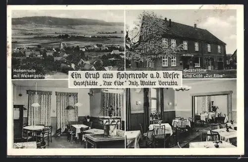 AK Hohenrode a. d. Weser, Gasthaus Zur Eibe, Innenansichten Gastraum, Cafe und Klubzimmer