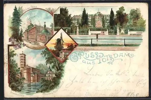 Lithographie Potsdam, Schloss Sanssoucci, historische Mühle, Friedenskirche, Neues Palais