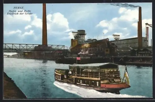 AK Herne, Hafen u. Kohlezeche Friedrich der Grosse und Dampfer