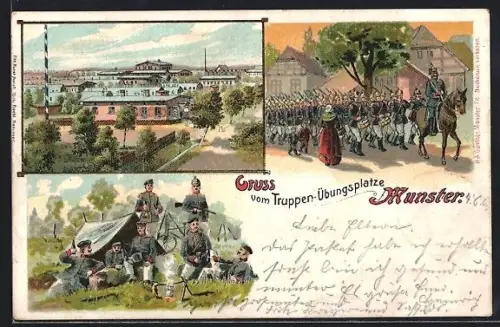 Lithographie Munster, Truppen-Übungsplatz, Soldatenparade, Soldaten an der Kochstelle
