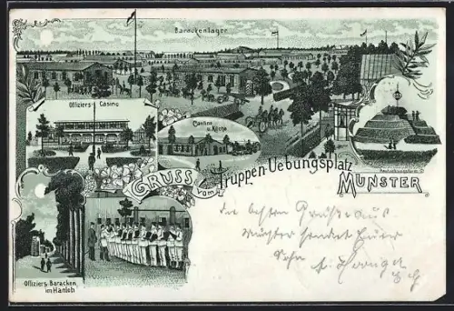 Lithographie Munster, Truppenübungsplatz, Offizierscasino, Kantine u. Küche, Barackenlager
