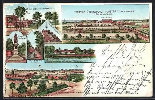 Lithographie Munster i. Hannover, Truppen-Übungsplatz, Barackenlager mit Wache, Offizier-Casino, Beobachtungsturm
