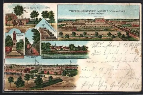 Lithographie Munster i. Hannover, Truppen-Übungsplatz, Barackenlager mit Wache, Offizier-Casino, Beobachtungsturm