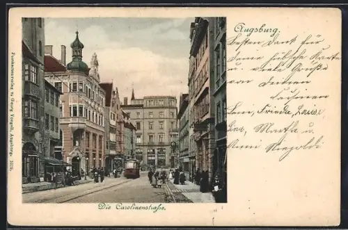 AK Augsburg, Partie an der Carolinenstrasse, Strassenbahn