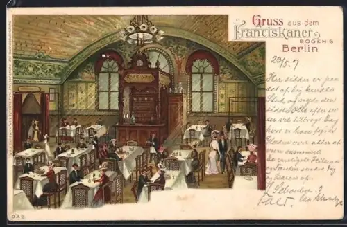Lithographie Berlin, Gasthaus Franciskaner, Innenansicht, Bogen 6 am Bahnhof Friedrichstrasse