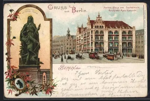 Lithographie Berlin, Hansa-Haus am Spittelmarkt, Denkmal der heiligen Gertrud