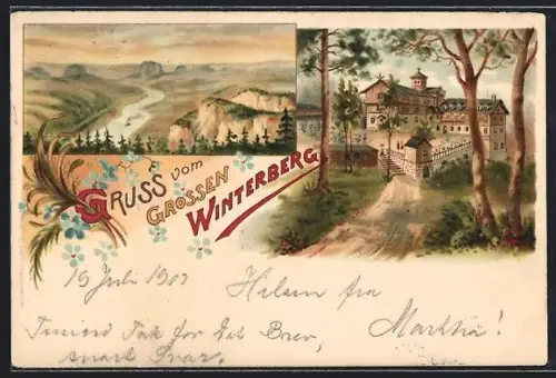 Lithographie Bad Schandau, Gasthaus zum Grossen Winterberg, Landschaft der Sächsischen Schweiz