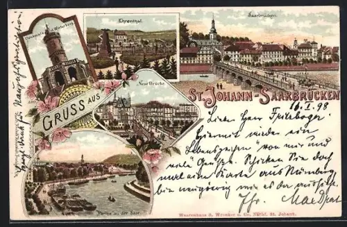 Lithographie St. Johann-Saarbrücken, Ehrenthal, Saarpartie, Neue Brücke, Teilansicht Saarbrücken