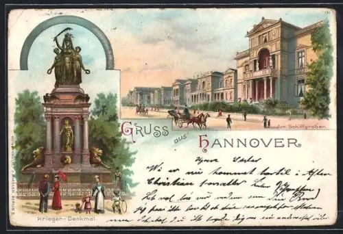 Lithographie Hannover, Krieger-Denkmal, Strassenpartie am Schiffgraben