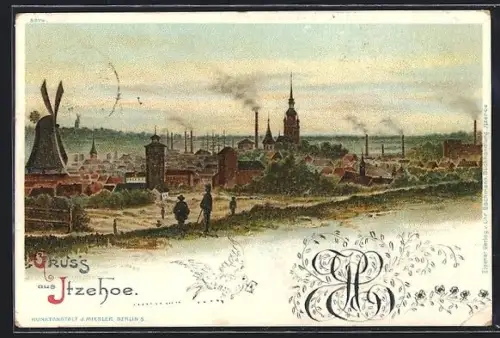 Lithographie Itzehoe, Teilansicht mit Windmühle