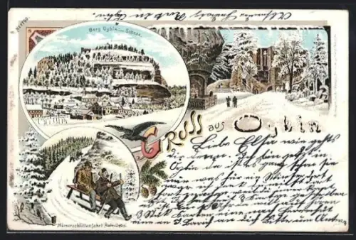 Winter-Lithographie Oybin, Berg Oybin im Schnee, Hörnerschlittenfahrt Hain-Oybin, Ortspartie