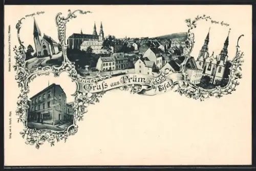 Lithographie Prüm, Hotel Kaiserhof, Totalansicht, kathol.Kirche, evang. Kirche