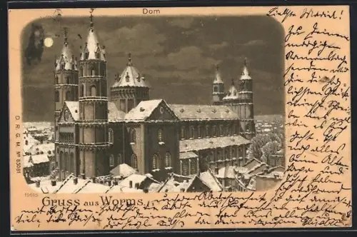 Winter-Lithographie Worms, Verschneiter Dom