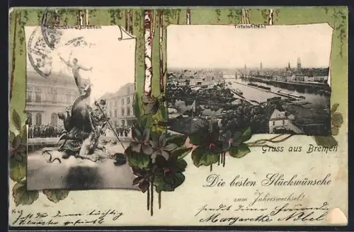 Lithographie Bremen, Totalansicht, Teichmanns Brunnen, Veilchen, Passepartout