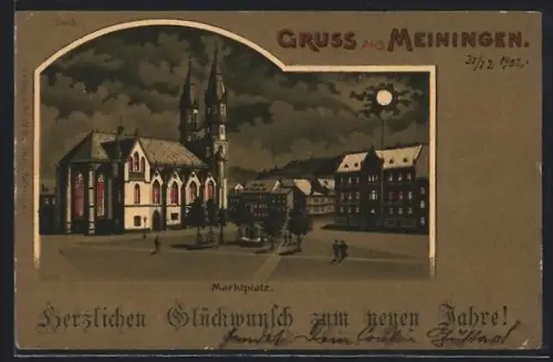Mondschein-Lithographie Meiningen, Marktplatz mit Kirche, Neujahrsgruss