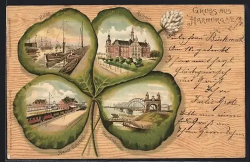 Passepartout-Lithographie Hamburg-Harburg, Hafen, Neuer Bahnhof, Rathaus, Kleeblatt