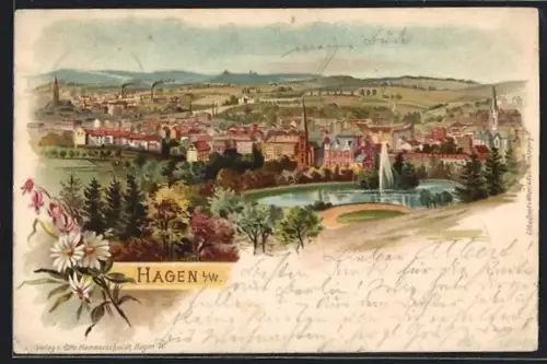 Lithographie Hagen i. W., Panoramablick auf die Stadt