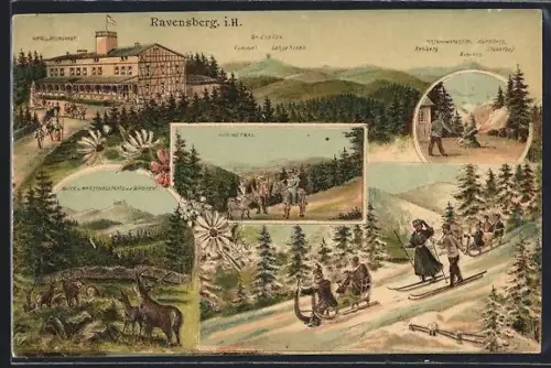 Lithographie Ravensberg i. H., Hotel und Restaurant, Gr. Knollen, Kummel und Rehberg, Blick ins Thal