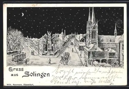 Künstler-AK Solingen, Strassenpartie an der Kirche im Winter, Strassenbahn, Pferdeschlitten
