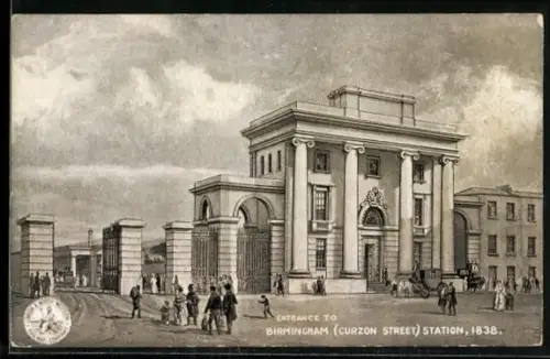 Künstler-AK Birmingham, Entrance to Curzon Street Station 1838, Bahnhof