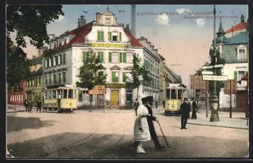 AK Kaiserslautern, Fackelrondell mit Strassenbahnen und Gasthaus Zum Hexenbäcker