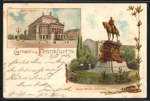 Lithographie Frankfurt /Main, Blick zum Opernhaus und Kaiser-Wilhelm-Denkmal