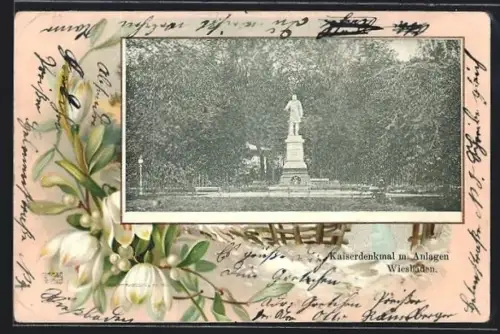 Lithographie Wiesbaden, Kaiserdenkmal mit Anlagen, Schneeglöckchen, Passepartout