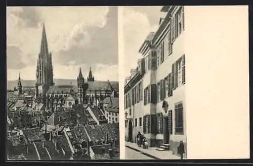 AK Freiburg i. Br., Stadtansicht aus der Vogelschau und Wohnhaus