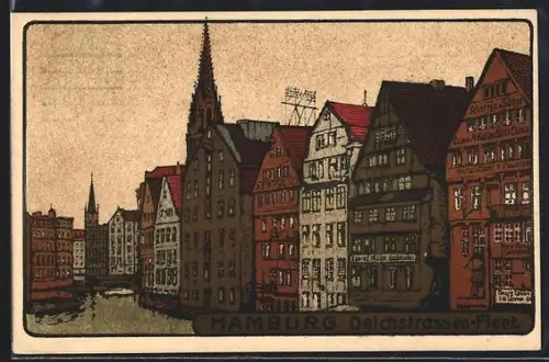Steindruck-AK Alt-Hamburg, Deichstrassen-Fleet mit Geschäften