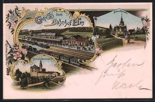 Lithographie Elm, Bahnhof, Eisenbahn, Schloss Ramholz, Burg Brandenstein