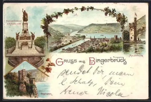 Lithographie Bingerbrück, Niederwald-Denkmal, Mäuseturm, Rheinpartie