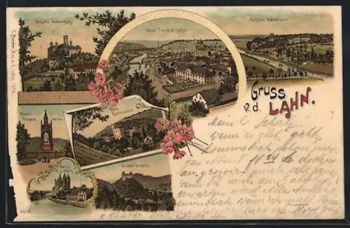 AK Diez, Totalansicht mit Lahn, Schlösser Schaumburg und Oranienstein, Rosafarbene Blumen, um 1900