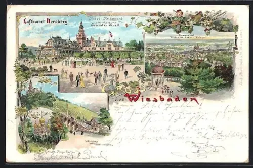 Lithographie Wiesbaden, Luftkurort Neroberg mit Hotel-Restaurant, Drahtseilbahn, Griech. Kapelle, Panoramablick