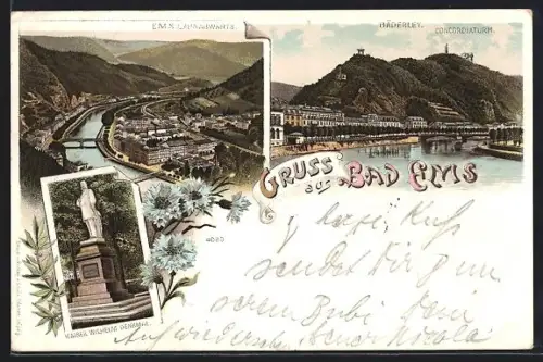 Lithographie Bad Ems, Kaiser Wilhelm Denkmal, Bäderley, Concordiaturm, Ortsansicht Lahnabwärts