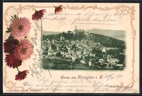 Lithographie Königstein i. T., Teilansicht mit Burg, Chrysanthemen, Passepartout