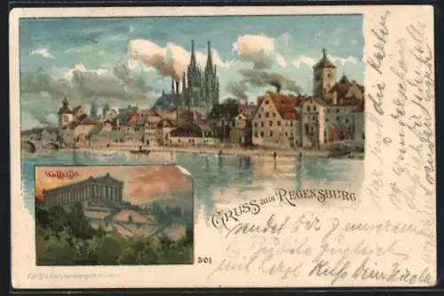 Lithographie Regensburg, Walhalla im Abendlicht, Stadt-Panorama