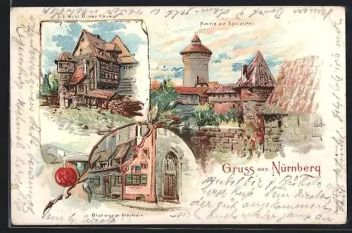 Lithographie Nürnberg, Brillant-Kaffee mit der Hand, Dürerhaus, Spillerthor, Bratwurstglöcklein