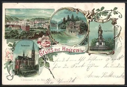 Lithographie Hagen i. W., Hotel Waldlust, Sieges-Denkmal, Neue katholische Kirche